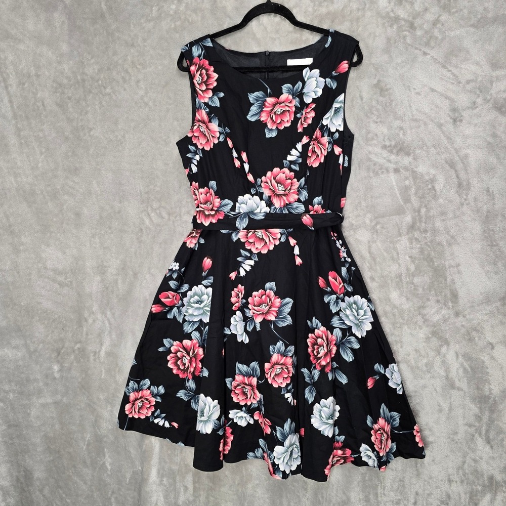 Floral Swing Dress Women 3XL Blk Pink Rockabilly Retro Fit‎ Flare Garden Stretch